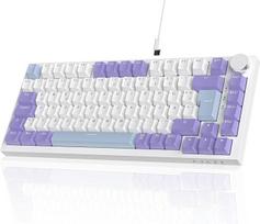 AJAZZ AK820 laidinė mechaninė klaviatūra, 75 % žaidimų klaviatūra su garsumo valdymo rankenėle, vokiškas QWERTZ išdėstymas, 82 klavišai, penkių sluoksnių garso izoliacijos padas, RGB apšvietimas, visas klavišų keitimas, mėlyna, balta, violetinė