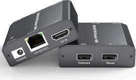 HDMI USB KVM ilgintuvas, KVM USB HDMI ilgintuvas per CAT6 / CAT5e iki 150M, be nuostolių, Plug and Play, 1080P@60Hz, Loop Out, POE, pelės ir klaviatūros nuotolinio valdymo kompiuteris