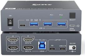 KVM jungiklis 2 kompiuteriams 2 monitoriams 1 nešiojamajam kompiuteriui ir 1 staliniam kompiuteriui 4K @ 60Hz, USB C HDMI dviejų monitorių KVM jungikliai su 4 USB 3.0 prievadais, 80 W PD įkrovimu, USB-C kabeliu, laidiniu nuotolinio valdymo pultu ir 12 V m