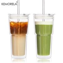 2 vnt. dvigubos sienelės stiklinės su dangteliais ir šiaudeliais 590 ml borosilikatinio stiklo matcha puodeliai vandeniui, šaltai matcha latte, kokteiliams 590ML