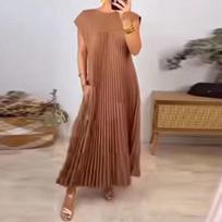 Moteriškos vasarinės elegantiškos ilgos suknelės su apvaliu kaklu be rankovių 3XL tamsiai ruda spalva