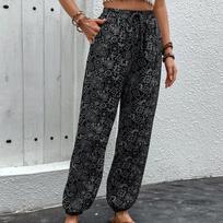 Vasarinės moteriškos kelnės aukštu juosmeniu Elegantiškos spausdintos Boho Chaps kelnės S juoda