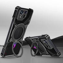 Magnetinis metalinis dėklas be rėmelių, skirtas Asus ROG Phone 8 Pro aliuminio lydinio buferiui 360° pasukamas žiedinis stovas, objektyvo apsauginis rėmo dangtelis For ROG Phone 8 juoda