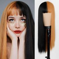 Ilga tiesioginė peruka Sintetinė 2 atspalvių pusiau juoda, pusiau raudona priauginama peruka su kirpčiukais Pluošto peruka moterims Girds Cosplay Šventinė apranga 60cm