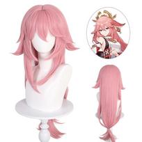 Anime Cosplay Perukas, Yae Miko Rožinis Ilgas Sluoksniuotas Aukštos Temperatūros Pluošto Sintetinis Plaukų Priauginimas rožinė
