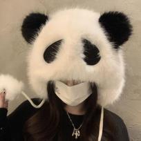 Winter Panda Plush Hat Fluffy Warm Thunderbolt Hat Windproof Cute Ear Protection Hat New Panda Plush Hat one size（56-60cm） balta