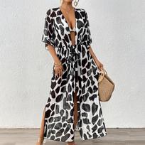 Moteriška laisvo stiliaus šikšnosparnio rankovių, dirželio liemuo, leopardo rašto tinklelio paplūdimio bikini kardiganas smock M juoda