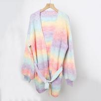 Žieminis megztinis, Vaivorykštės spalvos tie-dye vidutinio ilgio laisvas kardiganas, Moteriškas megztas kardiganas-paltai S rožinė
