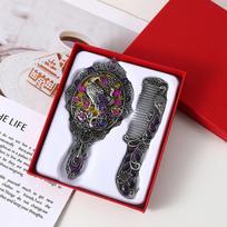 Peacock Design Vanity Mirror and Comb (2Pcs/Set) - Round Shape Embossed Metal Handheld Style