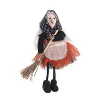 Eerie Apron Witch with Broom Figure Hanging Doll Halloween Party Garden Yard Decorate Props Festives Home Decoration oranžinė