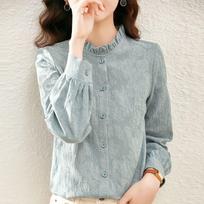 Cotton Dark Jacquard Shirt Spring Black Fungus Edge Standing Collar Long Sleeve Versatile Shirt Women Spring and Autumn S rožinė
