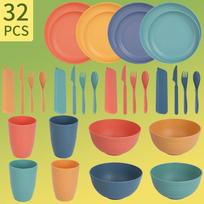 Nešiojamas 32 dalių plastikinis stalo įrankių rinkinys lauko sąlygoms: dubenys, lėkštės, puodeliai, peiliai, šakutės ir šaukštai iš kviečių šiaudų 36-piece set blue