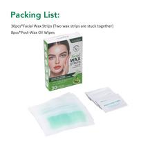 Facial Depilatory Wax Strips 30Pcs Facial Wax Strips+8 Calming Oil Wipes Hypoallergenic Eyebrow Upper Lip Hair Removal Wax Paper