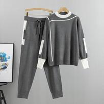 Pavasario ir rudens moterų mezgimo rinkinys Fashion Temperament laisvalaikio trikotažo viršutinių kelnių dviejų dalių rinkinys S pilka spalva