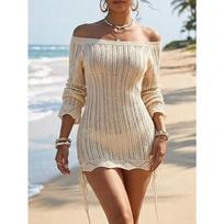 Luxury-lite One-shoulder Knitted Dress, Beach Pure Color Open-back Figure-hugging Dress, Drawstring Fitted Top for Women S juoda