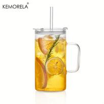 KEMORELA 740ML didelis briaunotas stiklinis puodelis su rankena ir dangteliu Rinkinys iš 1/2 skaidraus stiklo puodelių su daugkartinio naudojimo šiaudeliais šaltai kavai 740ml