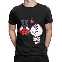 Hello Kitty Spiderman Draugas Mergina Marškinėliai Vyriški Medvilniniai Drabužiai Spausdinimas Apvali Kaklo Trumpomis Rankovėmis#Spalva(4) S juoda