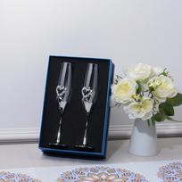 1 pora šampano fleitų su putojančiomis krištolinėmis skrudinimo taurėmis, stikliniai romantiški stiklai sidabras