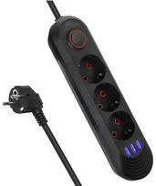 Maclean prailgintuvas su 3 lizdais ir 3 Usb, 1.5m, juodas