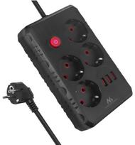 Maitinimo ilgintuvas (maitinimo juosta) 4 lizdai + 3×USB, 1,5 m, juodas, 2500 W, 2,1 A, 110–240 V, MCE392 B Maclean