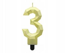 Auksinė torto žvakutė "3" deimanto formos, 7.6 cm