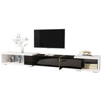 Moderni TV spintelė, reguliuojamas ilgis 140-260 cm, sukama, baltas marmuras, juodas blizgus/matinis, aukso detalės