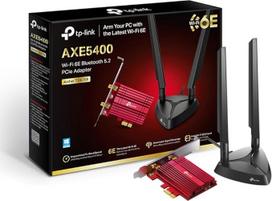 "TP-Link AXE5400" trijų dažnių "Wi-Fi 6E" "Bluetooth 5.2" PCI Express adapteris su dviem antenomis, "Intel Wi-Fi 6E" mikroschemų rinkinys, magnetinis antenos pagrindas, žemo profilio laikiklis, WPA 3 (Archer TXE75E)