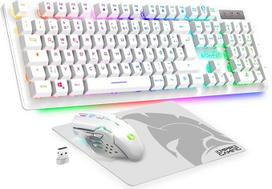EMPIRE GAMING - "Armor RF800" belaidis įkraunamas žaidimų klaviatūros ir pelės rinkinys QWERTZ (vokiškas išdėstymas) - klaviatūra 2,4 GHz RGB - pelė 4800 DPI su pelės kilimėliu - PC PS4 PS5 "Xbox One" / "Mac" serijos kompiuteriams - balta