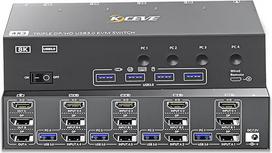 KVM jungiklis 4 kompiuteriams 3 monitoriams 8K @ 60Hz 4K @ 144Hz, USB 3.0 KVM jungiklis trims monitoriams 2 Display Port 1.4 + HDMI 2.1, skirtas 4 kompiuteriams Dalytis pele Klaviatūra, laidinis nuotolinio valdymo pultas (8K HDMI DP 4 in 3 out KVM)