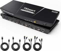 TESmart DisplayPort HDMI KVM jungiklis 2 PC 2 monitoriams, 4K 60Hz KVM jungiklis su EDID, garsu, 3x USB, skirtas skeneriui, spausdintuvui, klaviatūrai, pelei, "Hotkey" KVM jungiklis dviem monitoriams, su DP/KVM kabeliu, IR nuotolinio valdymo pultu
