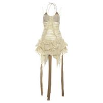 Fashion Autumn/winter Women's Sexy Spice Girl Halter Design Pleated Slim Sleeveless Dress S chaki