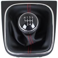 VW Golf V 03-08 pavarų perjungimo rankenėlė + JUODAS gumos gaubtas su RAUDONU siūlu ir CHROMO rėmeliu 6 GREIČIAI