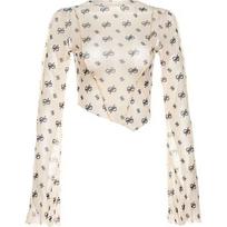 Women's New Spice Girls Sexy See Through Mesh Top Printed Long Sleeve T-Shirt Flared Sleeve Bottom S abrikosas