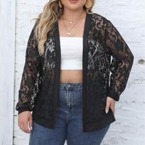 Spring and Autumn Women's Cardigan Tops Plus Size Sexy Mesh See Through Casual Cardigan Jacket 2XL juoda