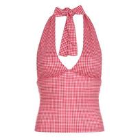 Women's Spice Girls Sexy Low-cut Backless Thin Slim Sleeveless Resort Style Colour Collision Hanging Neck Tie Short Tank Top S raudona