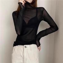 Black Fungus Edge High Neck Lace Base Shirt For Women, With Long Sleeves For The Inner , Winter Fashion, Chiffon And Mesh Top One Size juoda