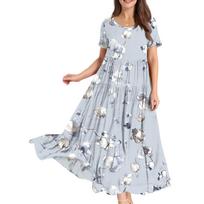 Women's Summer Round Neck Short Sleeve Floral Printed Boho Loose Dresses L mėlyna