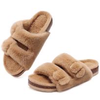 Comwarm Žieminės Kailinės Šlepetės Vyrams Kailuotos Pamušalo Šlepetės Vyrams Lauko Pūkuoti Kamštiniai Plokščiapadžiai Su Reguliuojamu Sagtuku Pūkuotos Kamštinės Šlepetės 36