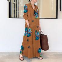 Spring Women's Printed Lapel Casual Long Shirt Dress XXL geltona