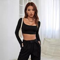 Spring Women's Athletic Casual Cut-off Style Knit High Stretch Long Sleeve Top XXL juoda
