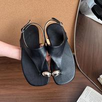 Retro One-strap Shoes Flat Toe Sandals Summer Clip-toe Sandals Open-toe Sandals 35 juoda