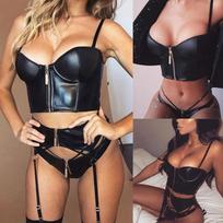 Moteriškas Seksualus Lingerie Juodas Uniformos Pižamos Rinkinys 3 dalių Rinkinys L juoda