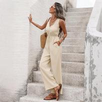 New Model Casual and Minimalist Style One-piece Pants with Solid Color Texture and Sleeveless Design for Summer Vacation S abrikosas