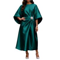 Elegant And Sophisticated Satin Dress With Beaded Floral Embellishments For Women's Commuting. S žalia