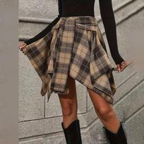 Womens Plaid Skirt High Waisted Asymmetrical Hem Flared Knot Front Casual Fashion Skirt L juoda