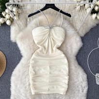 Vasarinė moteriška suknelė Spice Girl Bustier kabanti ant kaklo suknelė, klostuota, aptempta, trumpas sijonas. L smėlis