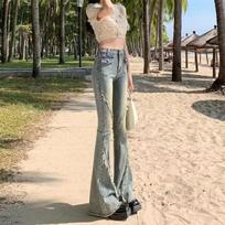 Raw Edge Micro Flare Jeans Spring and Autumn Women's Jeans Plus Size Vintage Flared Pants 3XL gray