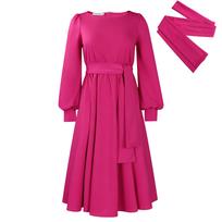 Plus Size Women's Dress Spring and Autumn Long Sleeve Round Neck Tie Solid Colour A-line Dresses 3XL rožinė raudona spalva