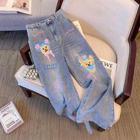 Spring Summer Autumn Women's Jeans Plus Size Printed Elastic Waist Straight Pants 6XL mėlyna