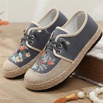 Spring and Autumn Flat Bottomed Women's Singles Shoes Embroider Retro Lace-up Round Toe Cotton Linen Handmade Comfortable Ladies Shoes 40 pilka